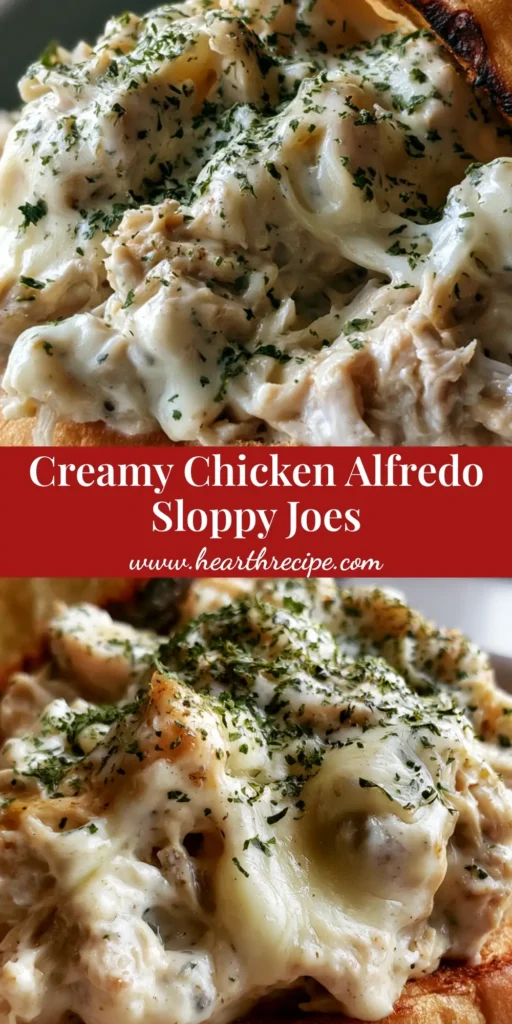 Chicken Alfredo Sloppy Joes: The Ultimate Creamy Garlic Chicken Sandwich 4 A close-up shot of a Chicken Alfredo Sloppy Joe on a brioche bun with thick ivory sauce and parsley flakes. (Chicken Alfredo Sloppy Joes)