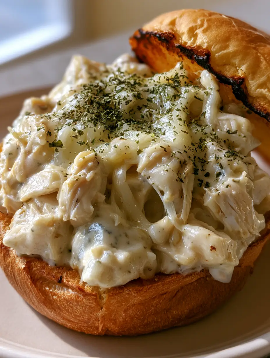 Chicken Alfredo Sloppy Joes: The Ultimate Creamy Garlic Chicken Sandwich 3 Smartphone photo of a Chicken Alfredo Sloppy Joe featuring shredded chicken, glossy ivory sauce, and a charred brioche bun. (Chicken Alfredo Sloppy Joes)