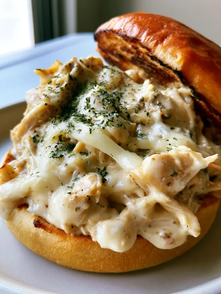 Chicken Alfredo Sloppy Joes: The Ultimate Creamy Garlic Chicken Sandwich 1 A Chicken Alfredo Sloppy Joe on a simple plate with natural lighting and a neutral background.