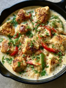 Close-up of golden-brown chicken chunks bubbling in a thick coconut sauce with peppers. (Creamy Coconut Chicken Recipe)