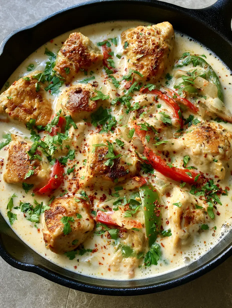 Creamy Coconut Chicken Recipe: The Ultimate One-Pan Skillet Dinner 3 Close-up of golden-brown chicken chunks bubbling in a thick coconut sauce with peppers. (Creamy Coconut Chicken Recipe)