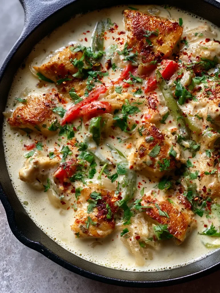 Creamy Coconut Chicken Recipe: The Ultimate One-Pan Skillet Dinner 1 Top-down view of the creamy coconut chicken garnished with cilantro and chili flakes in a cast iron pan.