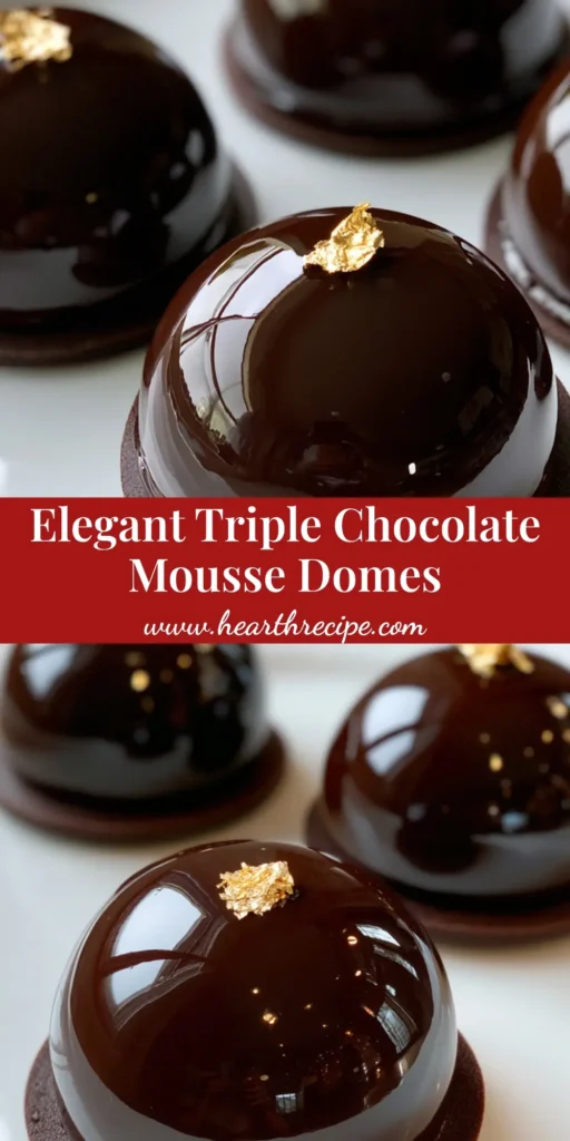Triple Chocolate Mousse Domes with a High-Shine Mirror Glaze 4 A close-up shot of three elegant Triple Chocolate Mousse Domes with a reflective mirror glaze and gold leaf garnish on a white plate.