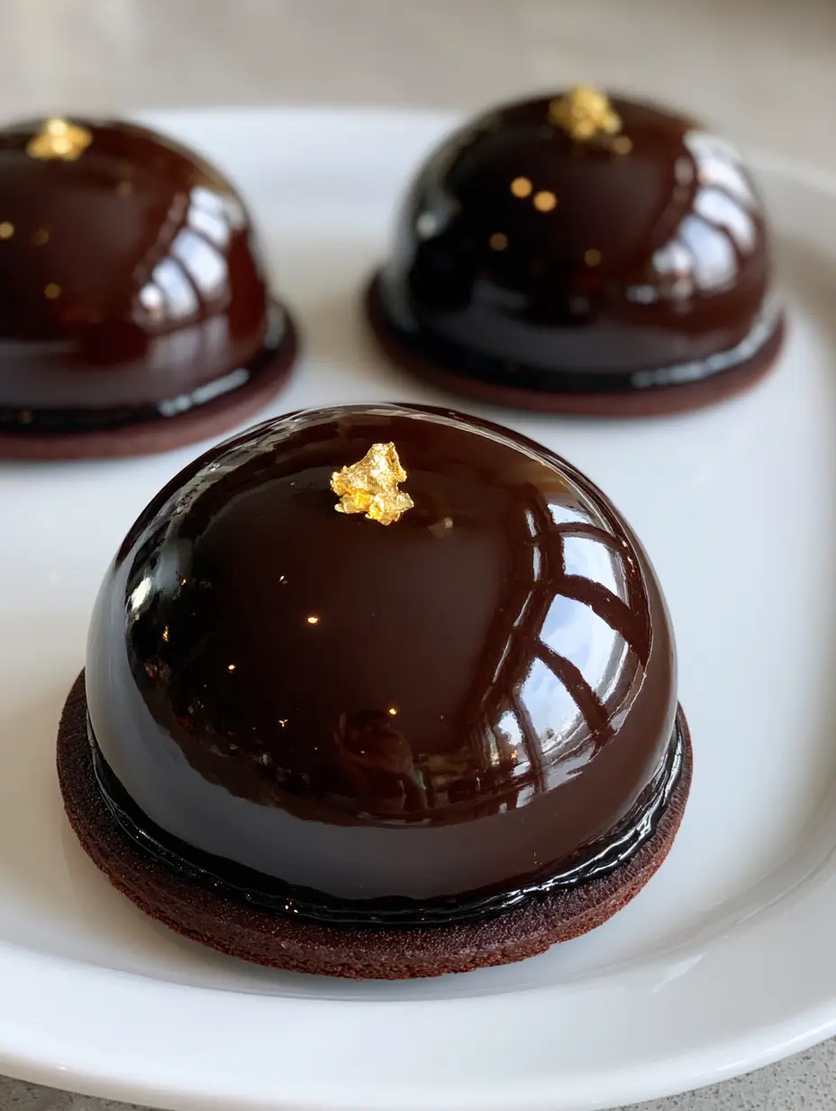 Triple Chocolate Mousse Domes with a High-Shine Mirror Glaze 3 Smartphone photo showing three Triple Chocolate Mousse Domes with high-gloss mirror glaze on a white porcelain plate.