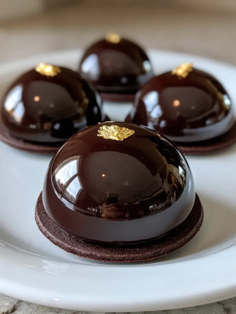 Triple Chocolate Mousse Domes with a High-Shine Mirror Glaze 1 Top-down view of Triple Chocolate Mousse Domes showing the precise placement of gold leaf and the matte chocolate biscuit base.