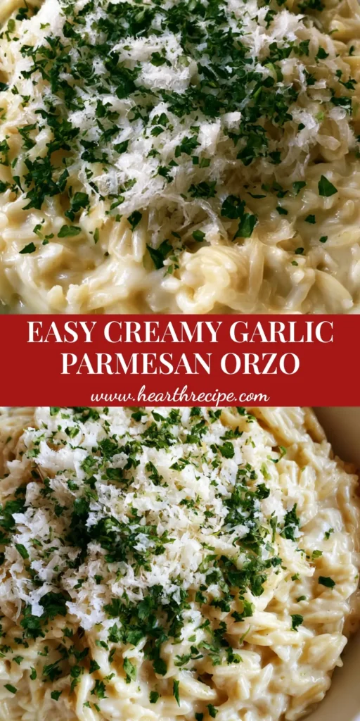 A tall Pinterest-style image featuring Creamy Garlic Parmesan Orzo in a white bowl with a heavy garnish of parsley and fluffy parmesan.