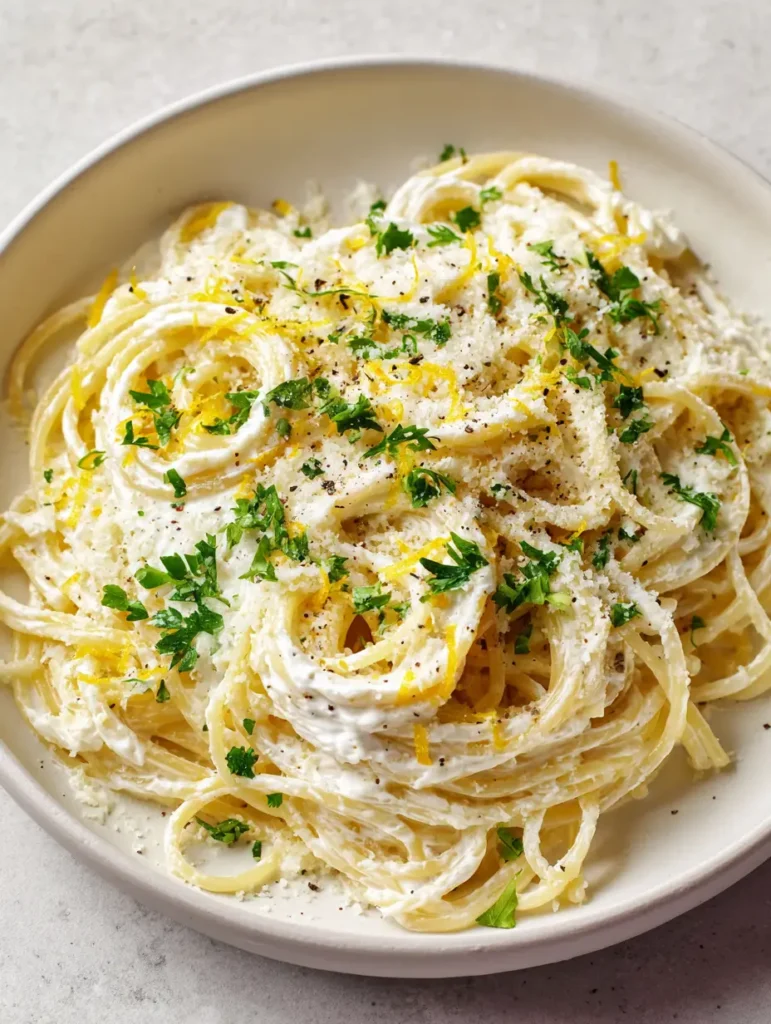 High-angle view of Lemon Ricotta Spaghetti showing green parsley clusters and finely grated Parmesan cheese.