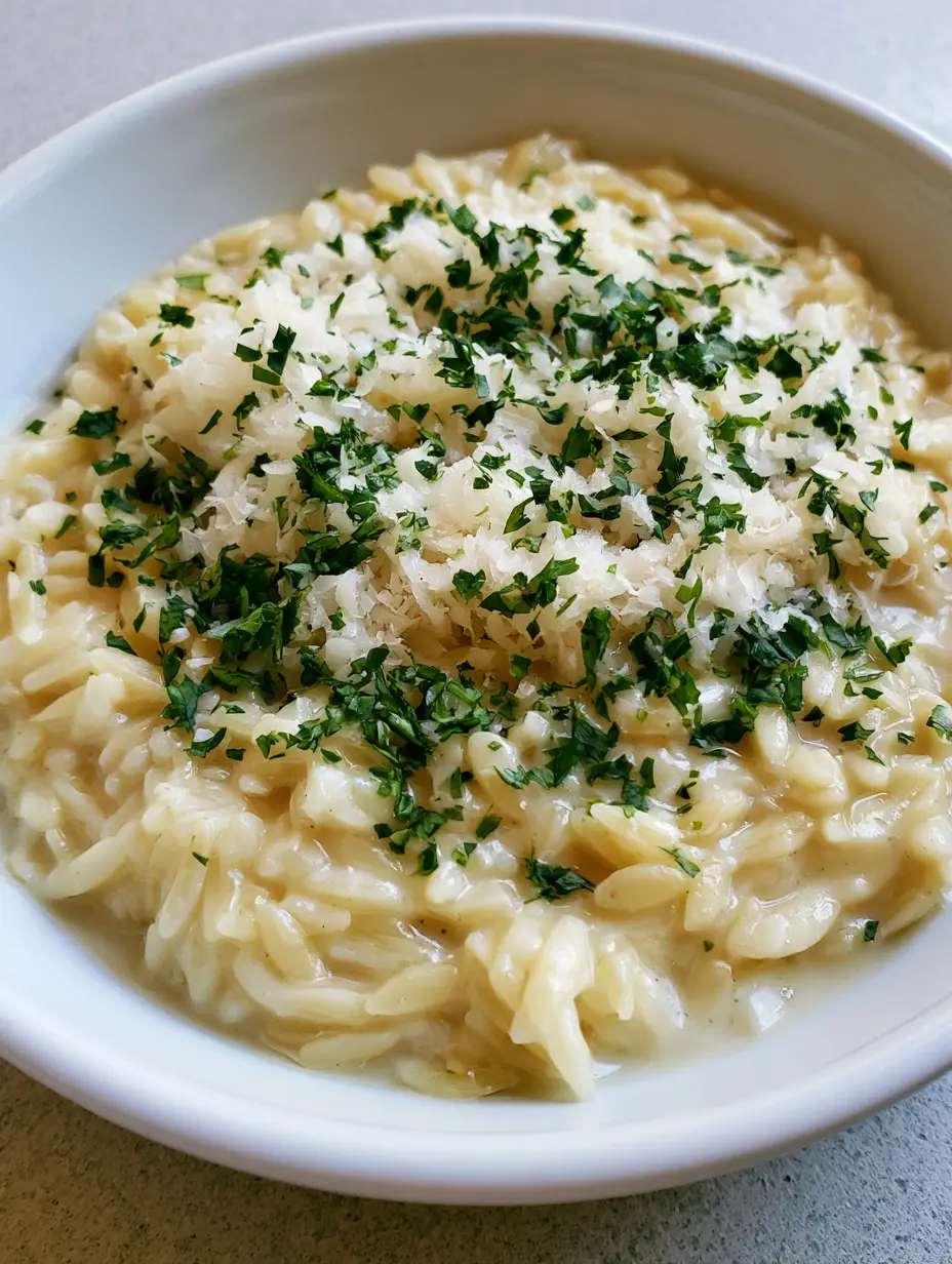 Top-down view of Creamy Garlic Parmesan Orzo in a white bowl showing the thick, glossy ivory sauce and vibrant green parsley.