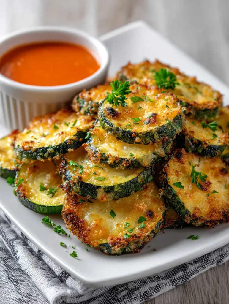 Close up of parmesan-crusted zucchini rounds with Italian Meatballs herbs and fresh parsley garnish.
