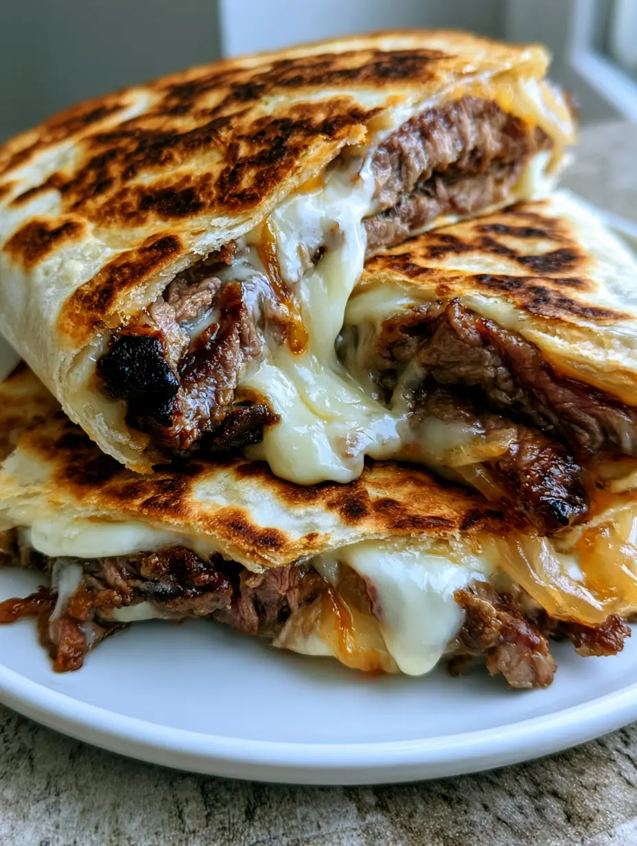 Detailed shot of seared steak strips and melted Monterey jack in Blackstone Steak and Cheese Quesadillas.
