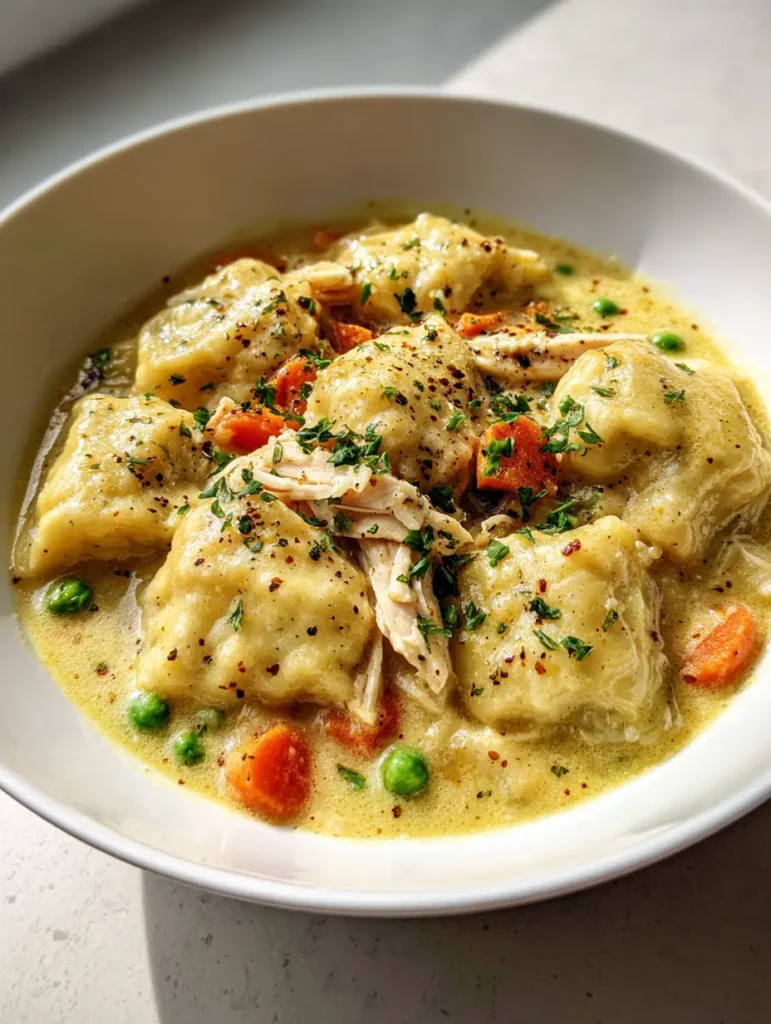 Handheld photo showing the thick creamy yellow chicken broth with carrots and peas.