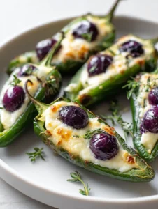 Close-up of Blueberry Brie Jalapeño Poppers showing the charred skin of the peppers and gooey ivory brie cheese.