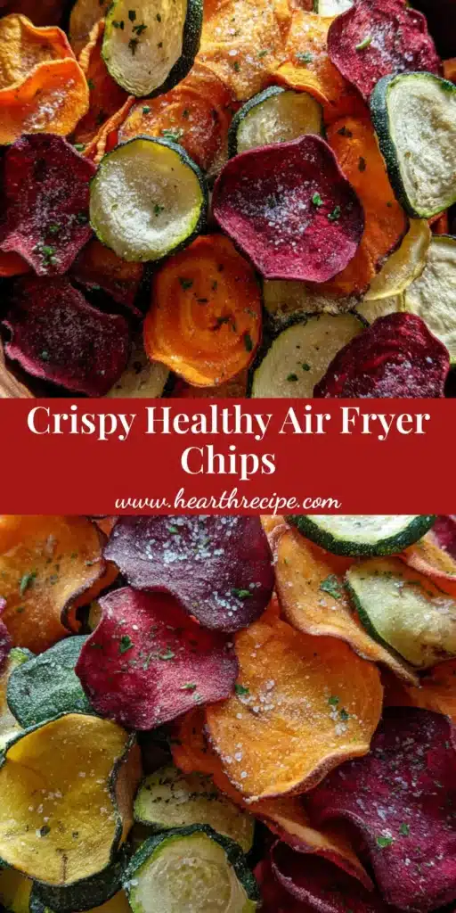 A rustic wooden bowl overflowing with crispy Air Fryer Veggie Chips including sweet potato, beet, and zucchini slices sprinkled with herbs.