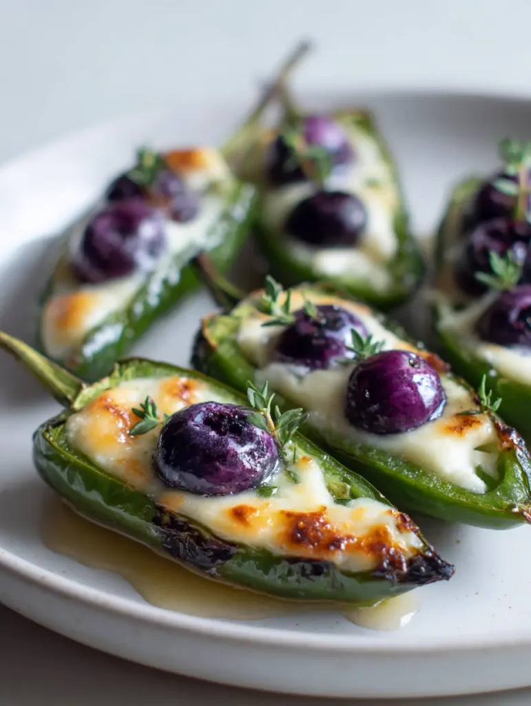 A top-down view of Blueberry Brie Jalapeño Poppers garnished with fresh thyme and glistening honey.