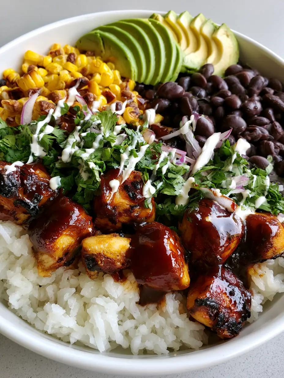 Close up shot of BBQ Chicken Rice Bowls showing glossy mahogany BBQ sauce and charred chicken edges. (BBQ Chicken Rice Bowls)