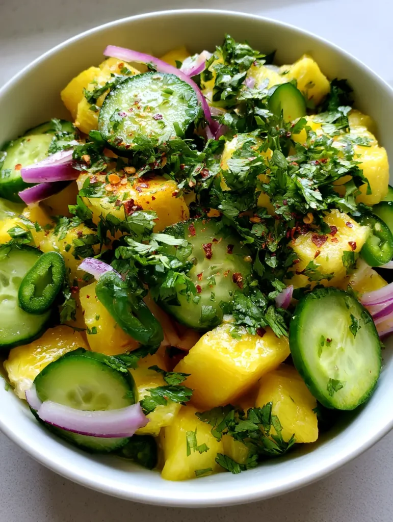 A bright handheld photo of Spicy Pineapple Cucumber Salad with translucent red onion slivers and fresh cilantro garnish.