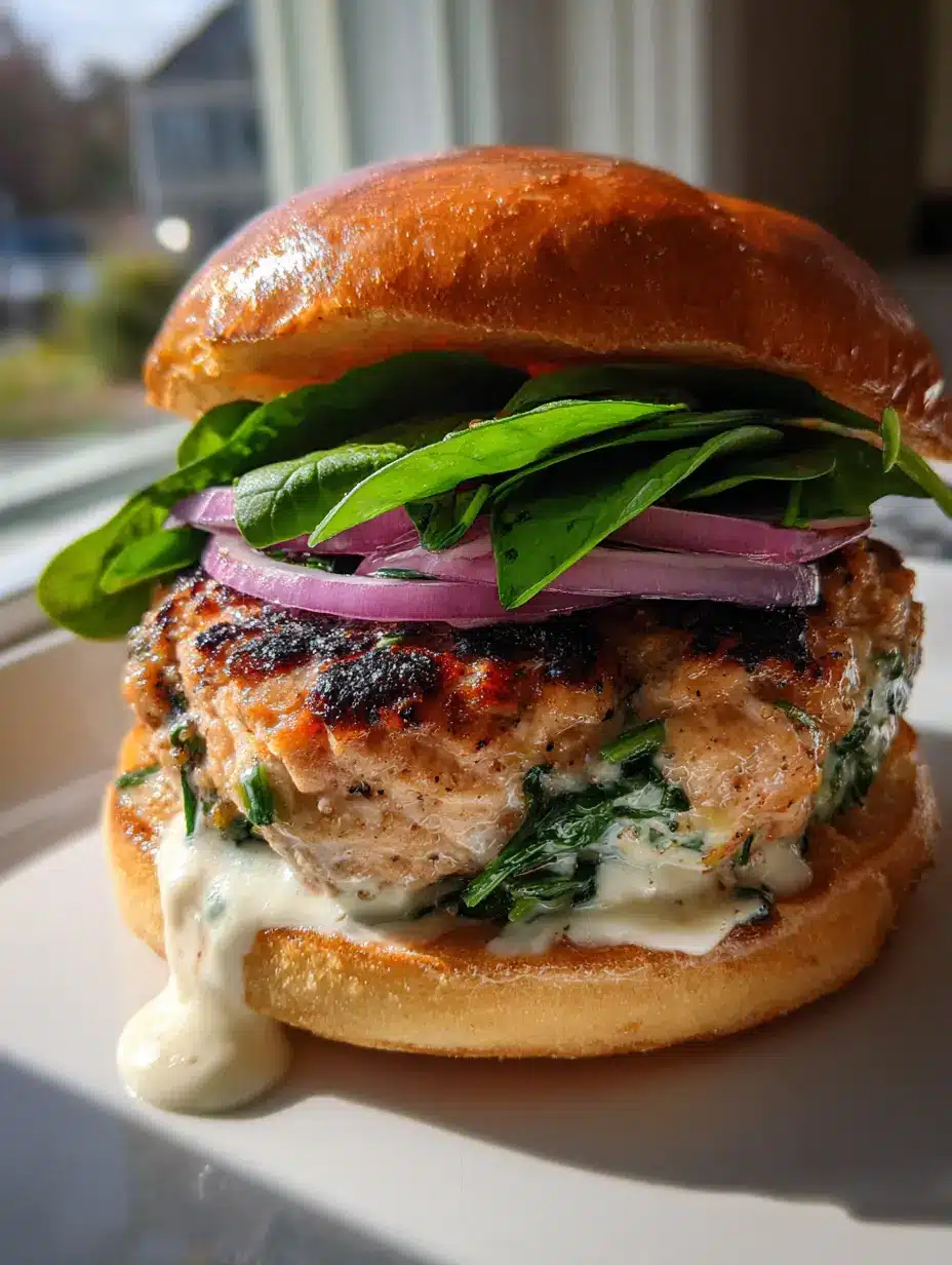 Handheld photo of a Spinach White Cheddar Chicken Burger showing visible spinach flecks and melted cheese pockets.