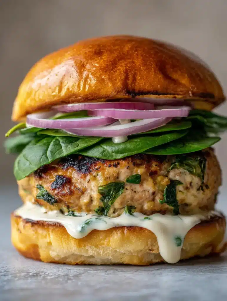 A close-up of a seared chicken patty featuring melted white cheddar and vibrant green spinach.