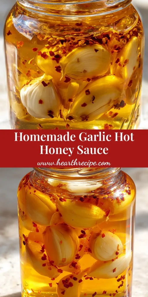 A clear glass jar of viscous amber Garlic Hot Honey Sauce with whole garlic cloves and red pepper flakes on a stone surface.