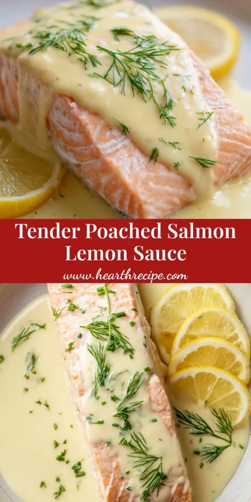 A close-up shot of Poached Salmon with Lemon Sauce on a white plate, garnished with fresh dill and lemon slices in natural daylight.