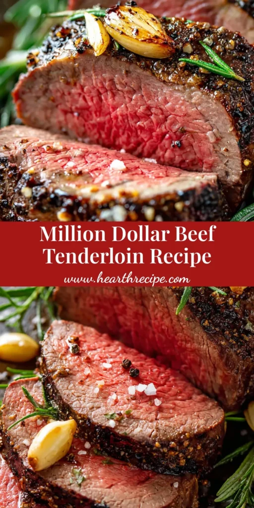 A top-down view of a sliced Beef Tenderloin Roast on a dark slate platter, featuring pink medium-rare medallions garnished with roasted garlic and rosemary.