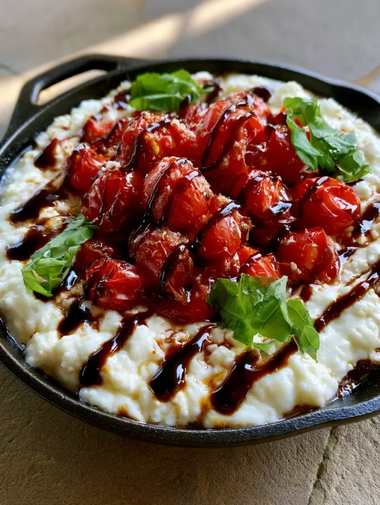 Finished Tomato Bruschetta Dip garnished with balsamic glaze and fresh green basil leaves in a skillet.