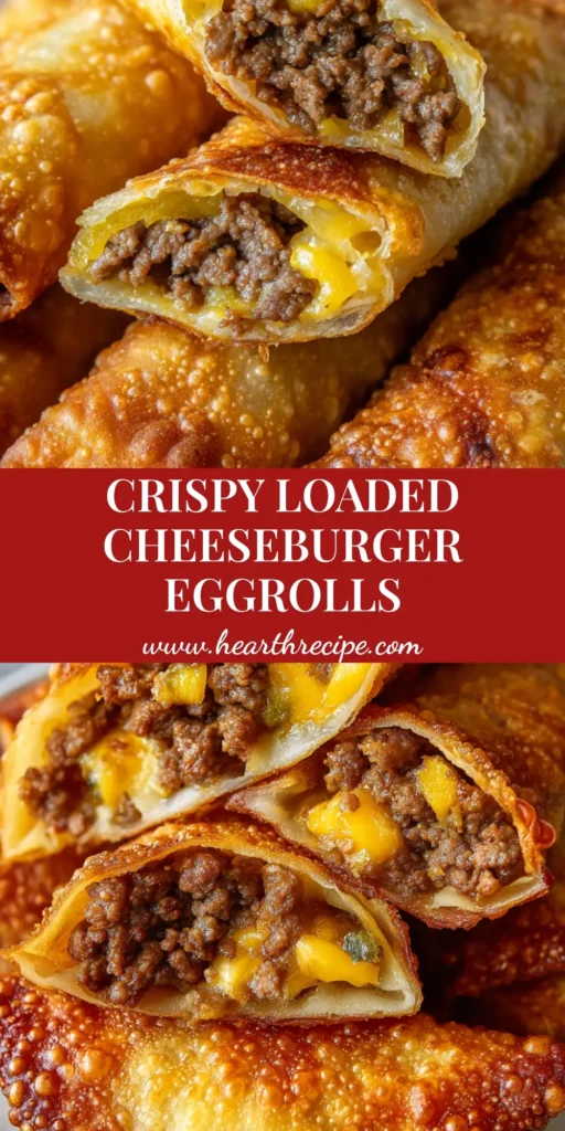 A diagonal cut view of Cheeseburger Eggrolls showing the melted yellow cheddar and seasoned ground beef inside a crispy golden shell.