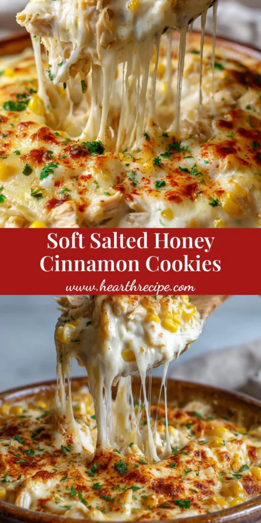 Salted Honey Cinnamon Cookies: The Ultimate Savory Street Corn Chicken Casserole 4 A close up of Salted Honey Cinnamon Cookies style street corn chicken casserole in a rustic dish with a wooden spoon lift.