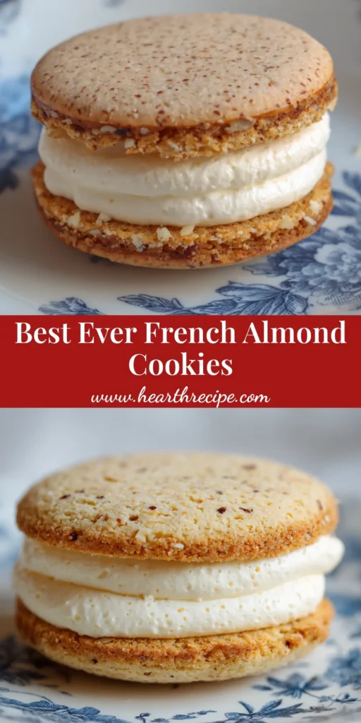 A close-up of French Almond Dacquoise Cookies sandwiching thick white cream on a blue floral ceramic plate.