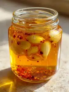 Thick translucent golden-amber Garlic Hot Honey Sauce in a glass jar showing suspended garlic cloves and chili flakes.