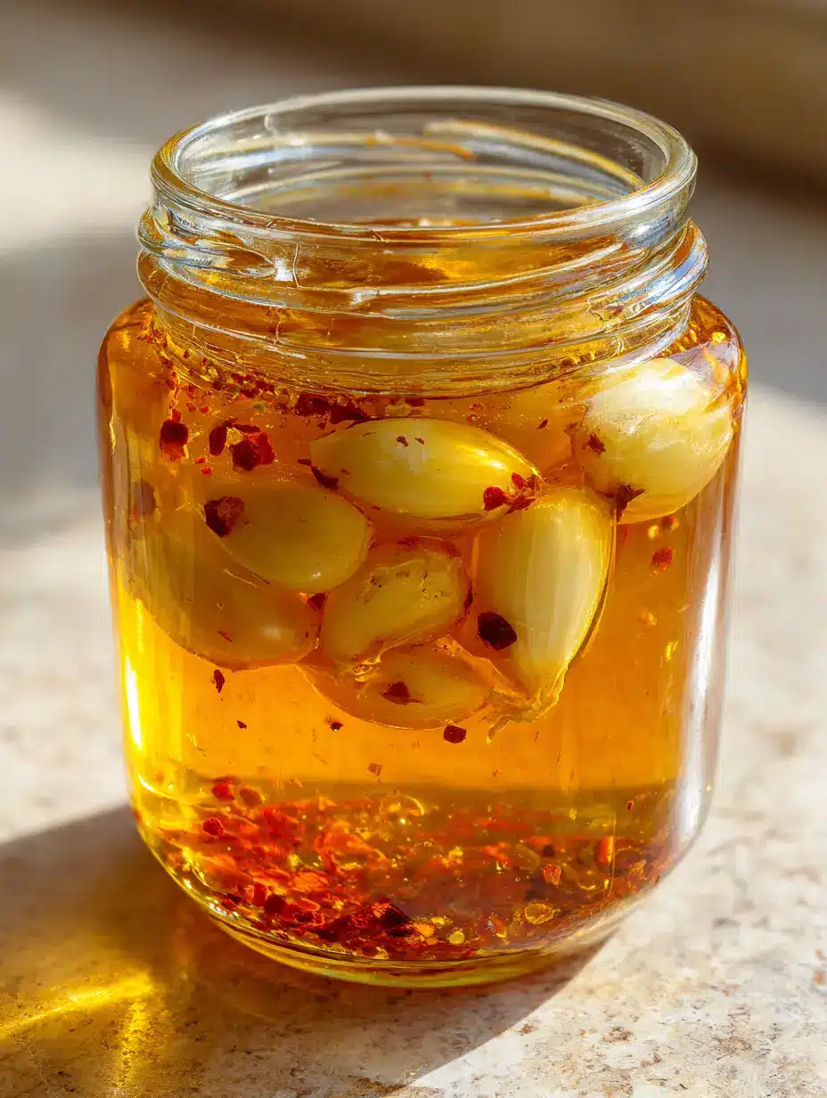 Thick translucent golden-amber Garlic Hot Honey Sauce in a glass jar showing suspended garlic cloves and chili flakes.
