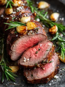 Close-up of a Beef Tenderloin Roast with a dark seared crust and vibrant pink center, topped with cracked pepper and coarse salt.