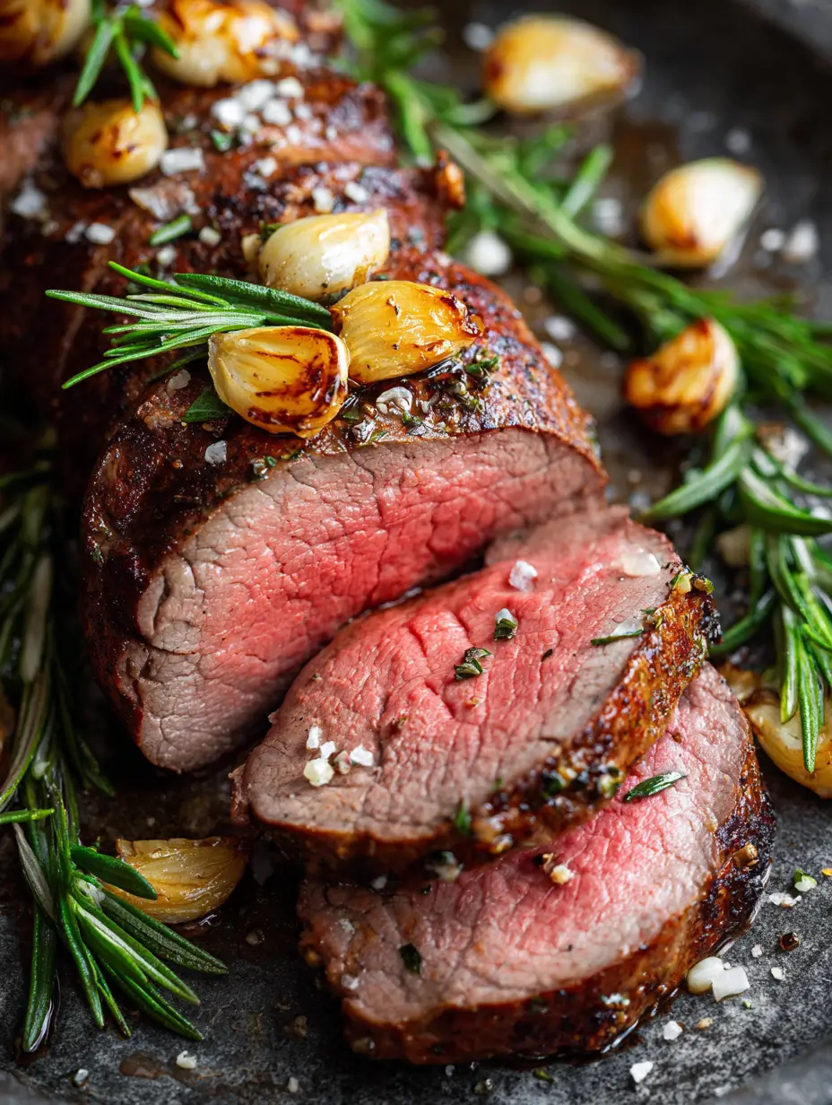 Close-up of a Beef Tenderloin Roast with a dark seared crust and vibrant pink center, topped with cracked pepper and coarse salt.
