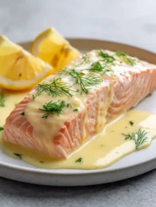 Single fillet of moist poached salmon on a white plate with glossy lemon cream sauce and dill. (Poached Salmon with Lemon Sauce)