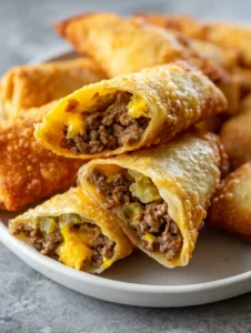 Close-up handheld photo of golden-brown fried Cheeseburger Eggrolls on a white plate with visible bubbly texture.