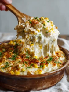 Handheld photo of a creamy street corn chicken casserole showing thick mozzarella cheese pulls. (Salted Honey Cinnamon Cookies)