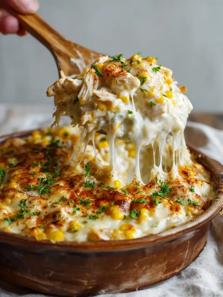 Salted Honey Cinnamon Cookies: The Ultimate Savory Street Corn Chicken Casserole 2 Handheld photo of a creamy street corn chicken casserole showing thick mozzarella cheese pulls. (Salted Honey Cinnamon Cookies)