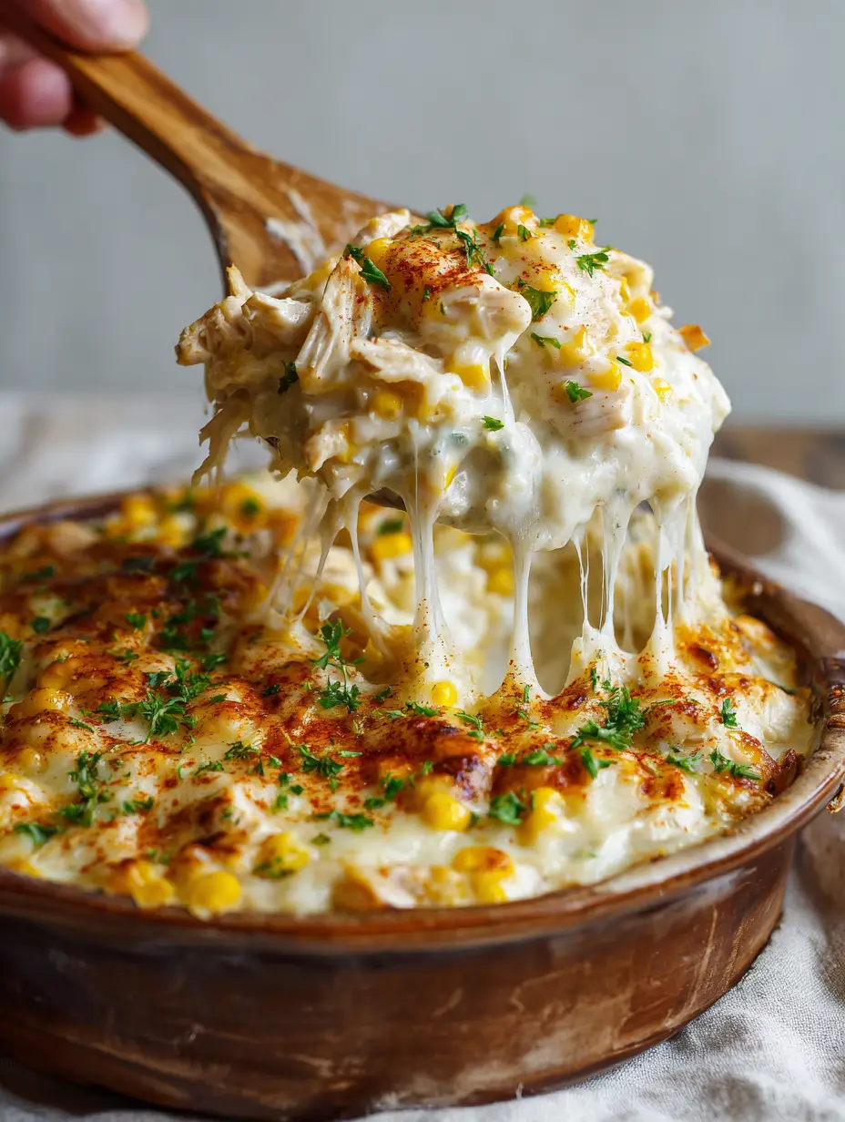 Salted Honey Cinnamon Cookies: The Ultimate Savory Street Corn Chicken Casserole 3 Handheld photo of a creamy street corn chicken casserole showing thick mozzarella cheese pulls. (Salted Honey Cinnamon Cookies)