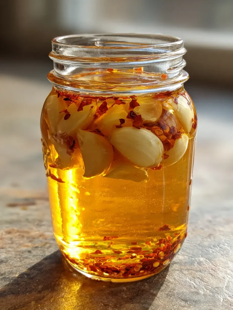 Close up of Garlic Hot Honey Sauce in a jar with natural daylight creating highlights on the glossy liquid.
