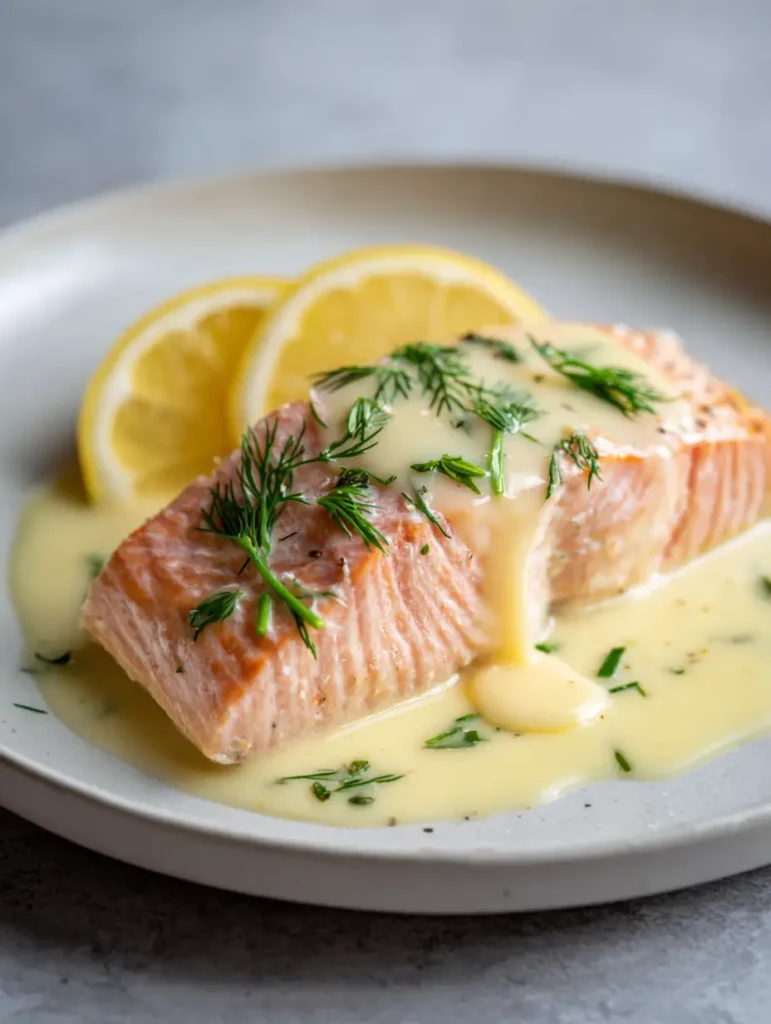 Side view of poached salmon showing the flaky texture and the pooling glossy lemon sauce. (Poached Salmon with Lemon Sauce)
