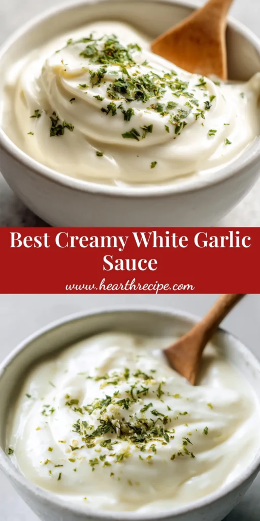 A close-up vertical shot of thick White Garlic Pizza Sauce in a white bowl with a wooden spoon, garnished with parsley.
