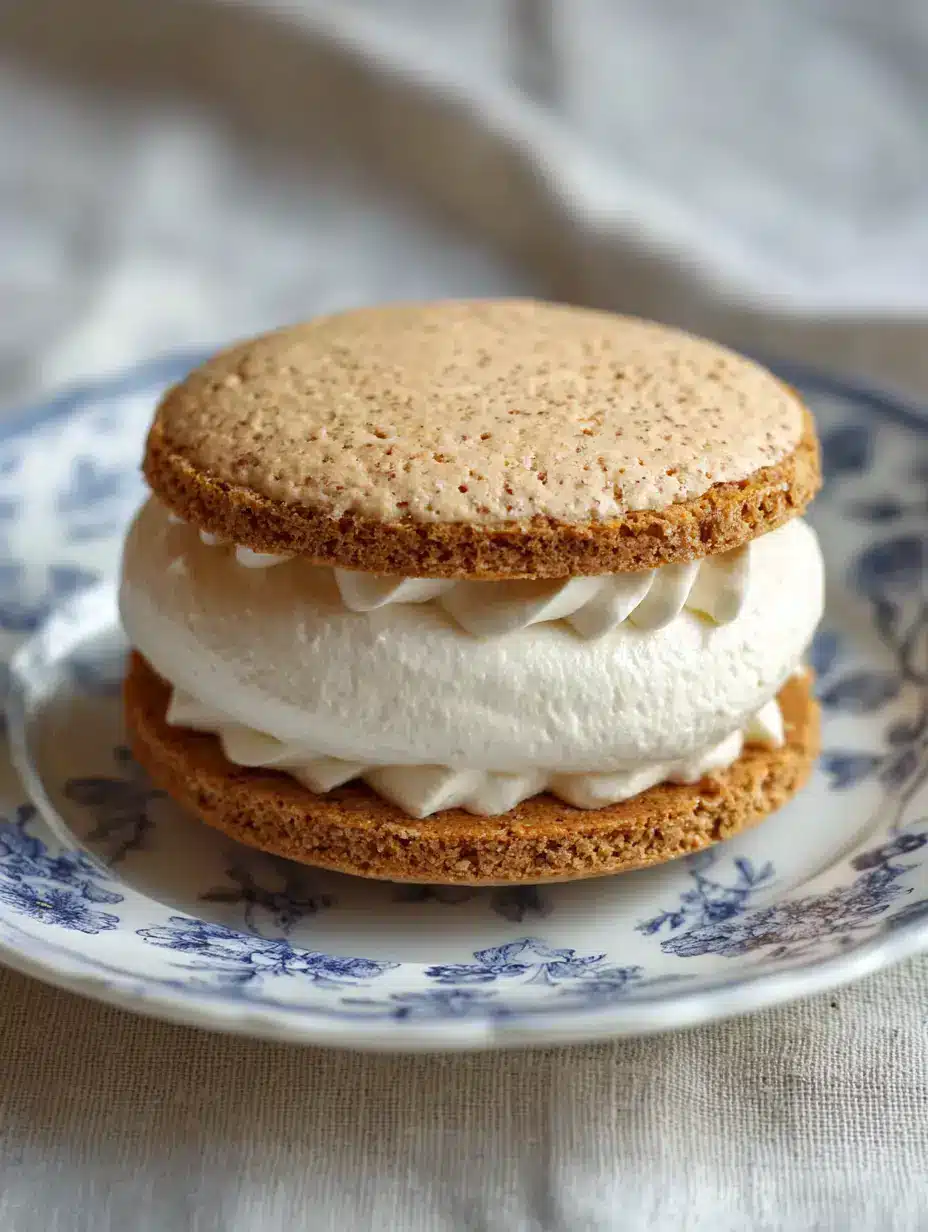Detailed view of the pale golden-brown meringue texture of French Almond Dacquoise Cookies with visible ground almonds.