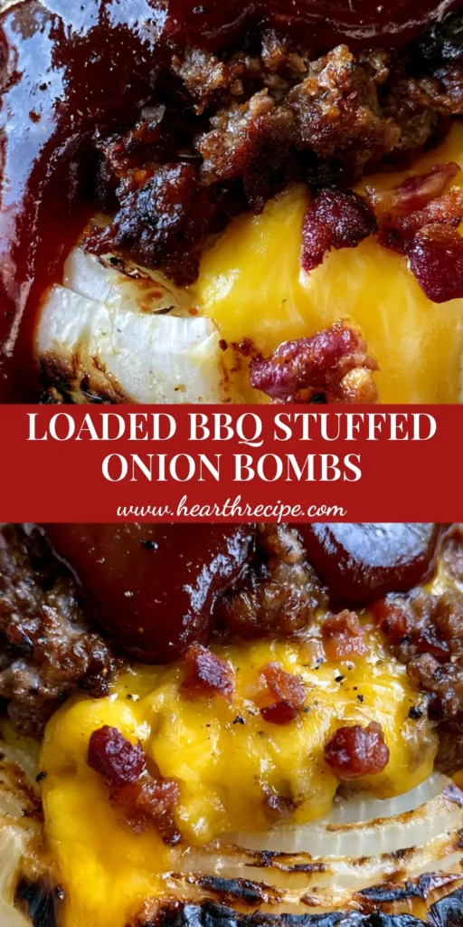 Stuffed Onion Bombs: The Ultimate Grilled BBQ Beef and Bacon Appetizer 4 A stack of grilled Stuffed Onion Bombs showing charred layers and glossy BBQ glaze with melted cheddar cheese.