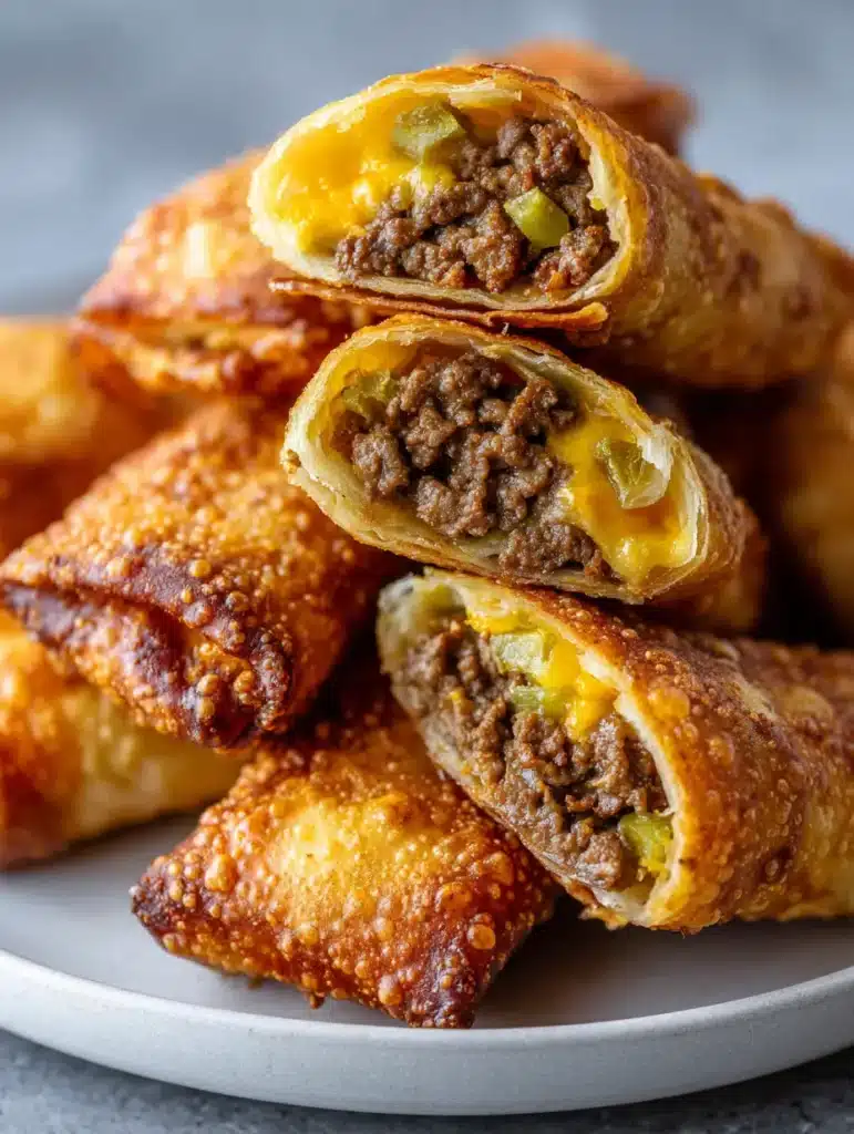Internal view of a sliced Cheeseburger Eggroll featuring translucent green pickles and gooey yellow cheese.