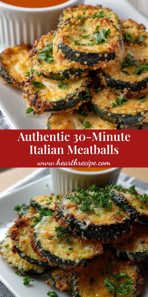 A stack of air-fried zucchini rounds with a parmesan crust and Italian Meatballs seasoning, served with orange-red sauce.
