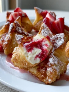Close up of deep-fried wonton bites with a bubbly crispy texture and powdered sugar dusting revealing a marbled strawberry cheesecake filling.