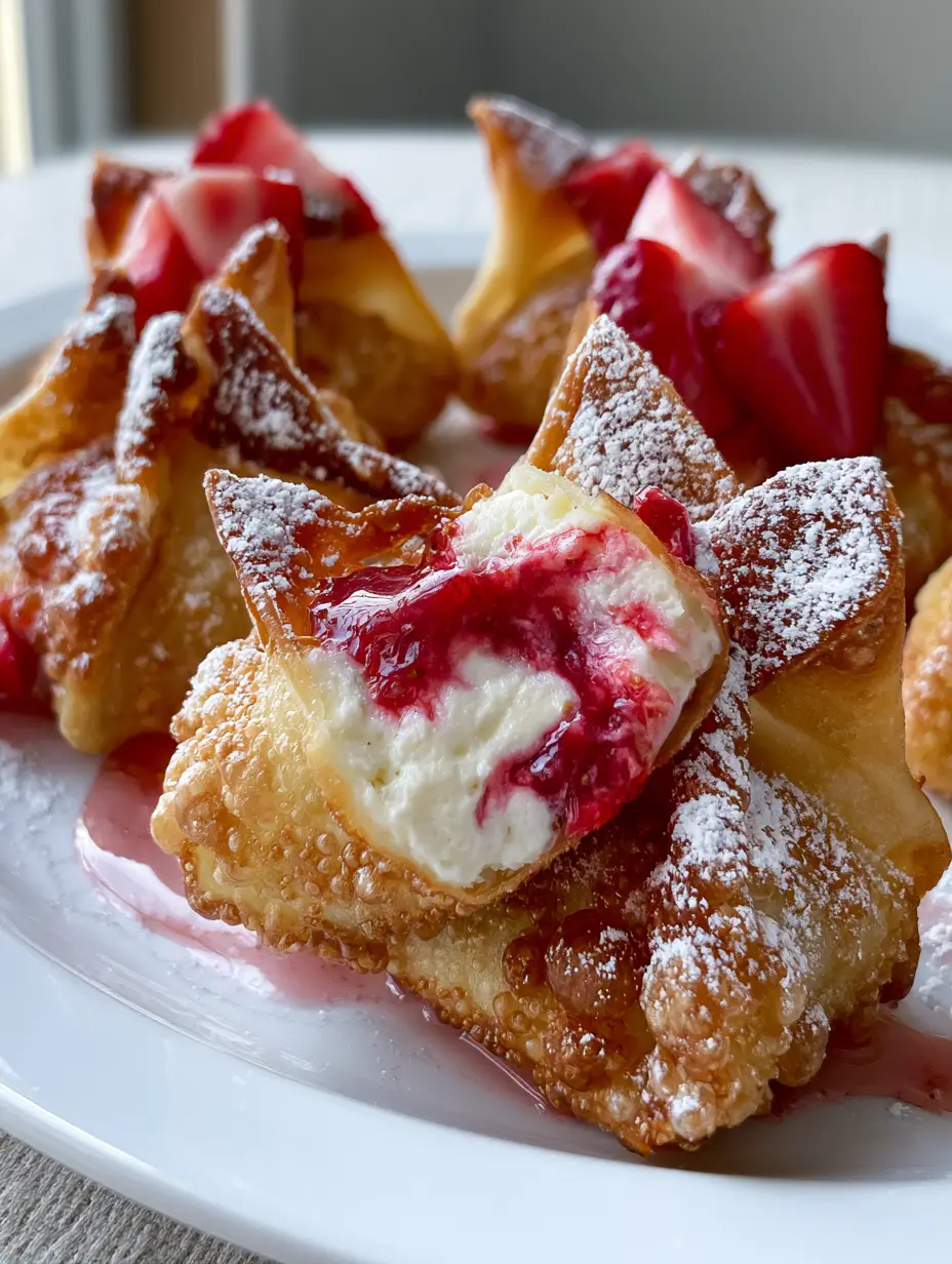 Close up of deep-fried wonton bites with a bubbly crispy texture and powdered sugar dusting revealing a marbled strawberry cheesecake filling.