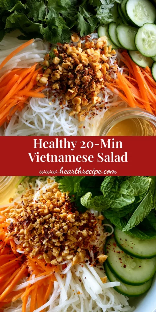A vibrant Vietnamese Noodle Salad in a white bowl featuring rice vermicelli, pickled carrots, daikon, and fresh herbs topped with peanuts. (Vietnamese Noodle Salad)