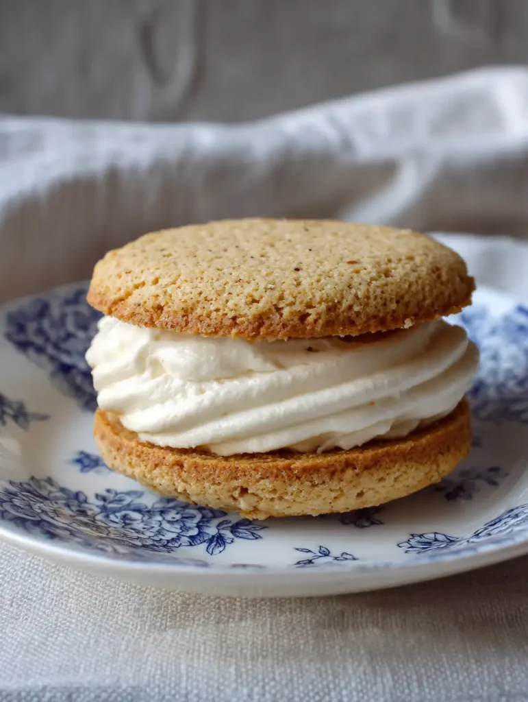 Side view showing the tall, smooth layer of whipped white almond cream inside the French Almond Dacquoise Cookies.