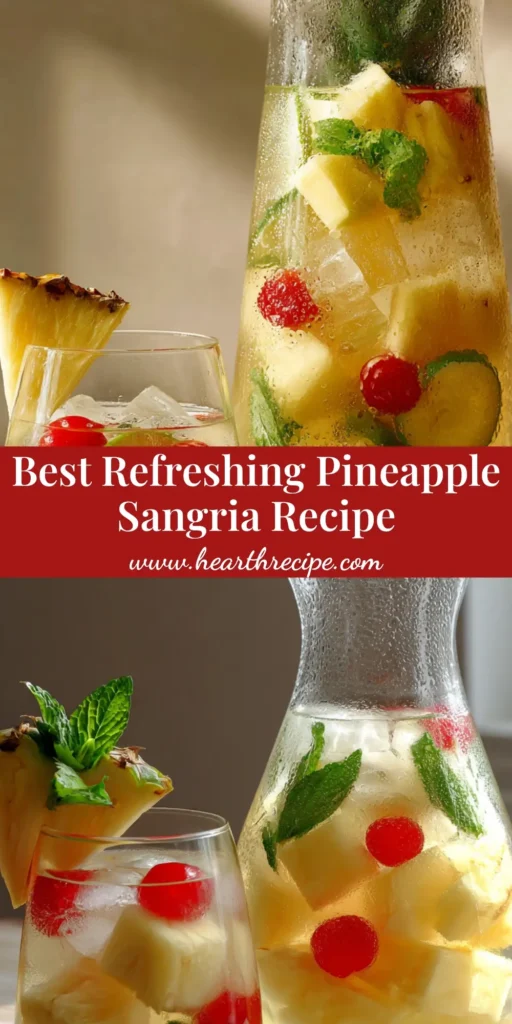 A tall pitcher and stemless glass filled with Pineapple Sangria Recipe, featuring pale gold liquid, pineapple chunks, lime slices, and red cherries on a wooden table.